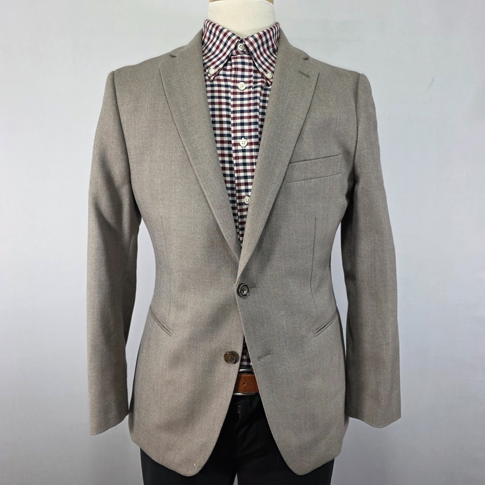 Indochino Mens Sport Coat Blazer Two Button Tweed Light Brown Wool Size 40R Slim